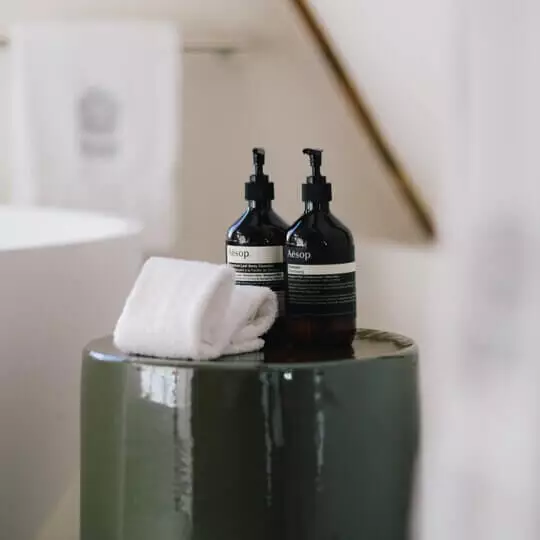 Two Aesop formulations on a green pedestal in a hotel bathroom.